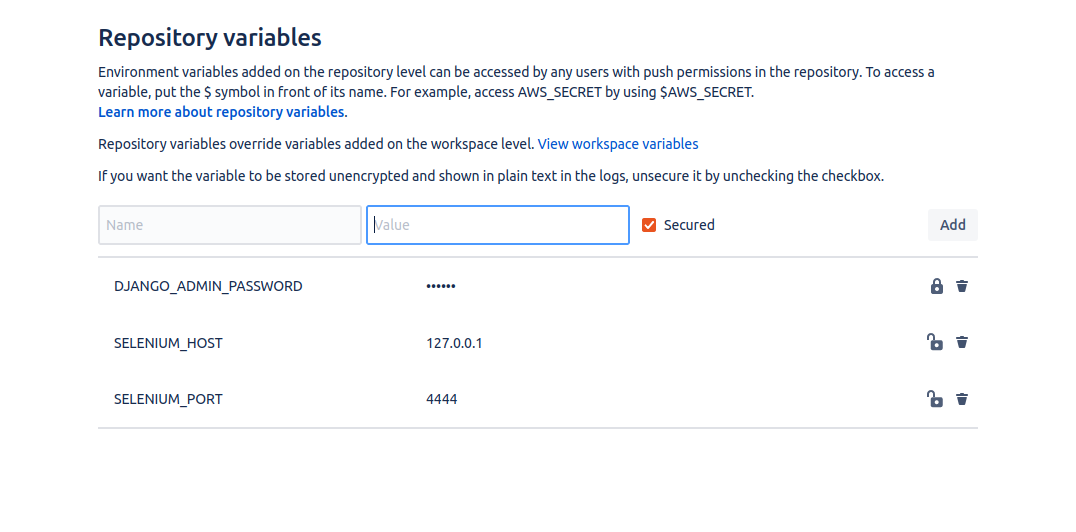 Screenshot of correctly set pipeline variables for the repository